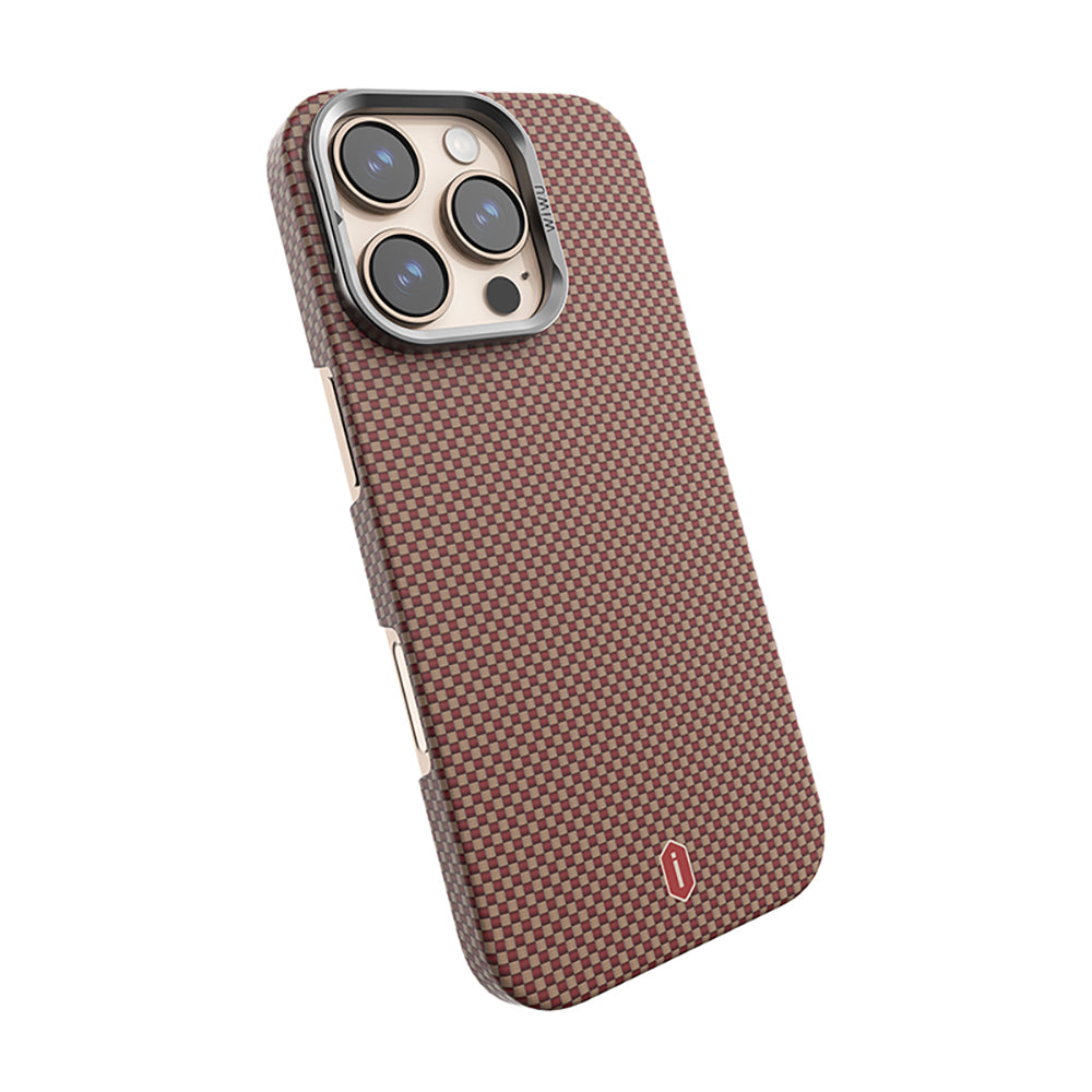 Apple iPhone 16 Pro Max Kılıf Wiwu DCC-208 M-safe Şarj Özellikli Kamera Standlı Aramid Fiber Tasarım Kevlar Kapak Kırmızı