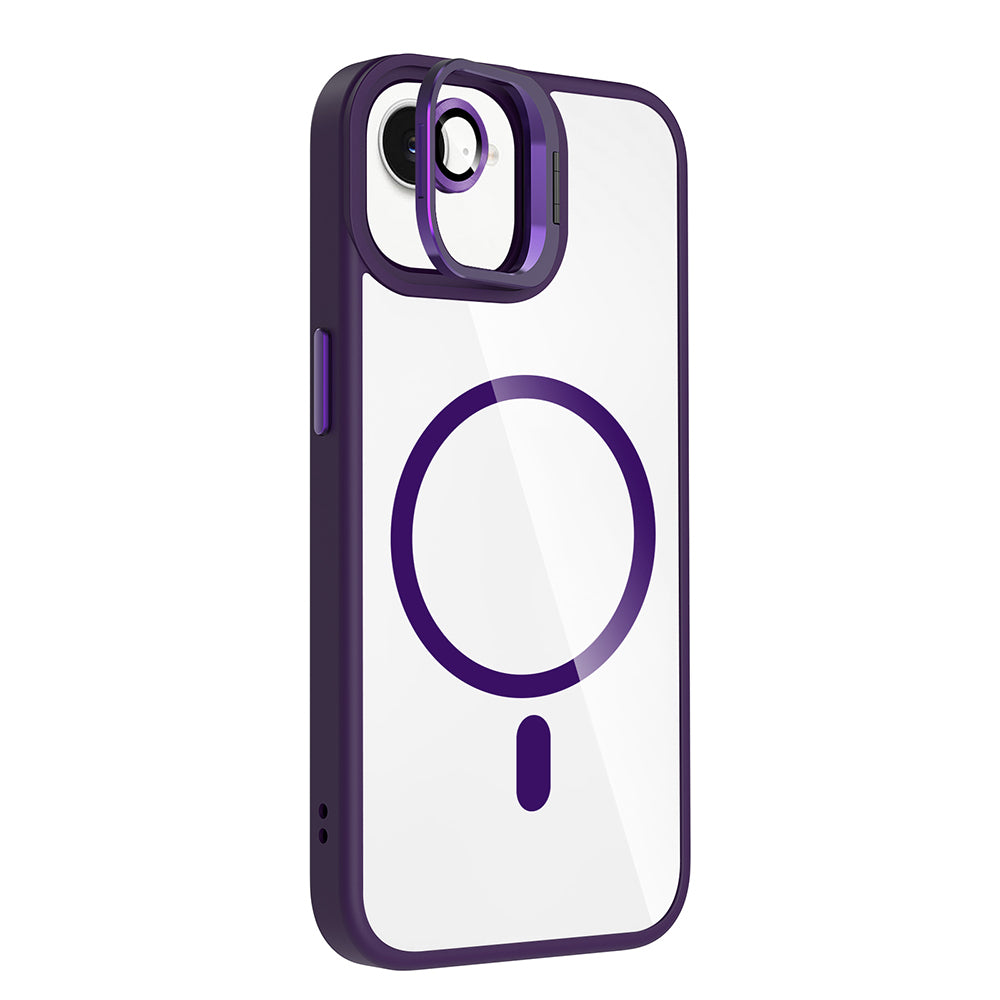 Apple iPhone 16E Kılıf Standlı ve Kamera Lens Hediyeli M-Safe Şarj Özellikli Zore Etro Kapak Derin Mor