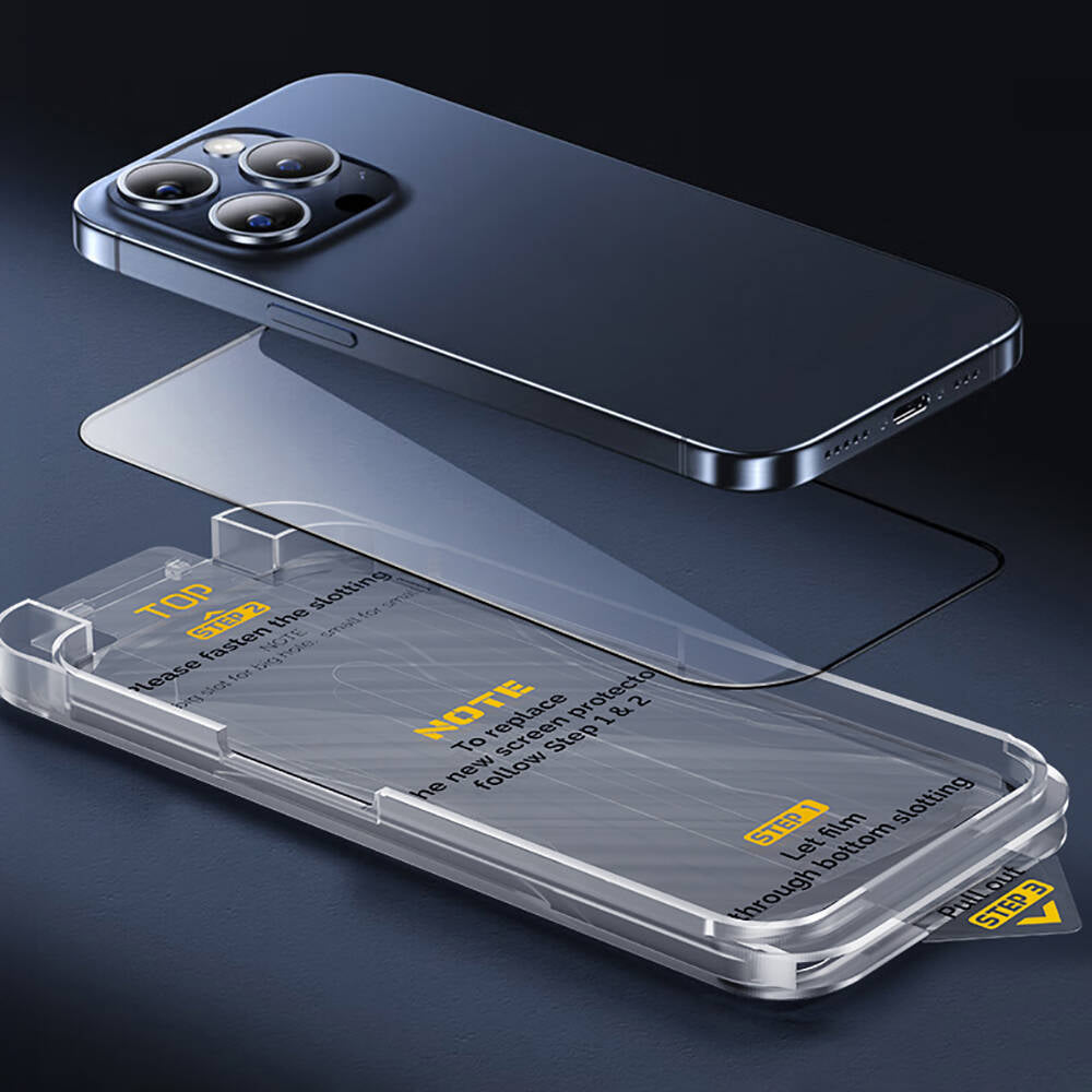 Apple iPhone 16E Wiwu SQ-008 Oleofobik Easy Install Darbeye Karşı Dayanıklı Temperli Cam Ekran Koruyucu + Kolay Uygulama Aparatlı Siyah