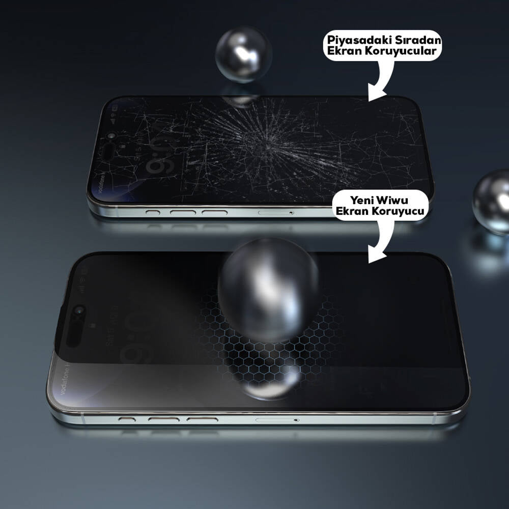 Apple iPhone 16E Wiwu Wi-SQ009 Easy Install iPrivacy 360° Anti-Peep Oleofobik Temperli Cam Ekran Koruyucu + Kolay Uygulama Aparatlı Siyah