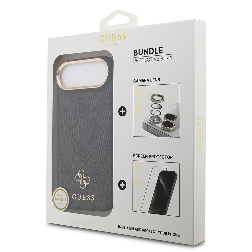Apple iPhone 17 Air Guess Orjinal Lisanslı 4G ve Yazı Logolu Kılıf + Ekran Koruyucu + Lens Koruyucu 3in1 Aksesuar Seti Siyah
