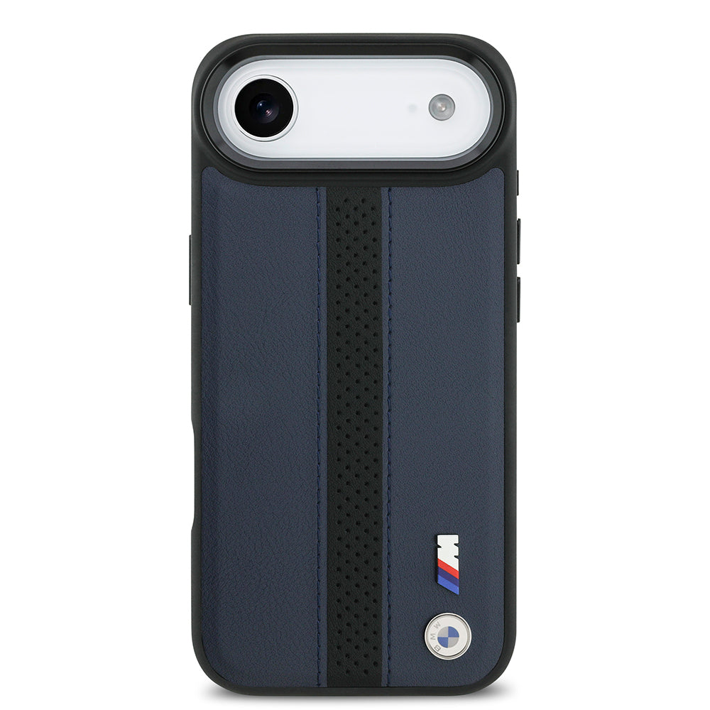 Apple iPhone 17 Air Kılıf BMW Orjinal Lisanslı M-safe Şarj Özellikli Deri Arka Yüzey Metal Logolu Delikli Şerit Tasarımlı Kapak  Mavi