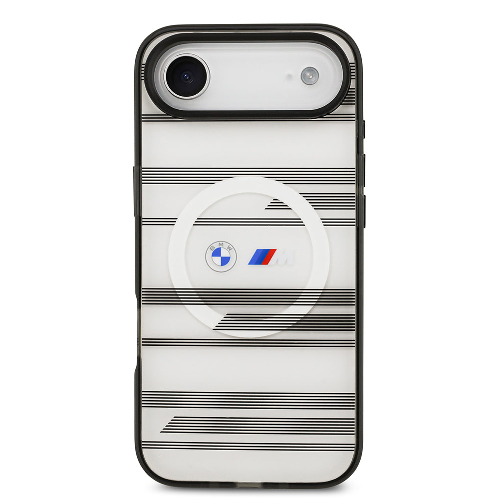 Apple iPhone 17 Air Kılıf BMW Orjinal Lisanslı M-safe Şarj Özellikli Metal Kamera Butonlu Yatay Şeritli M Dizayn Kapak Siyah
