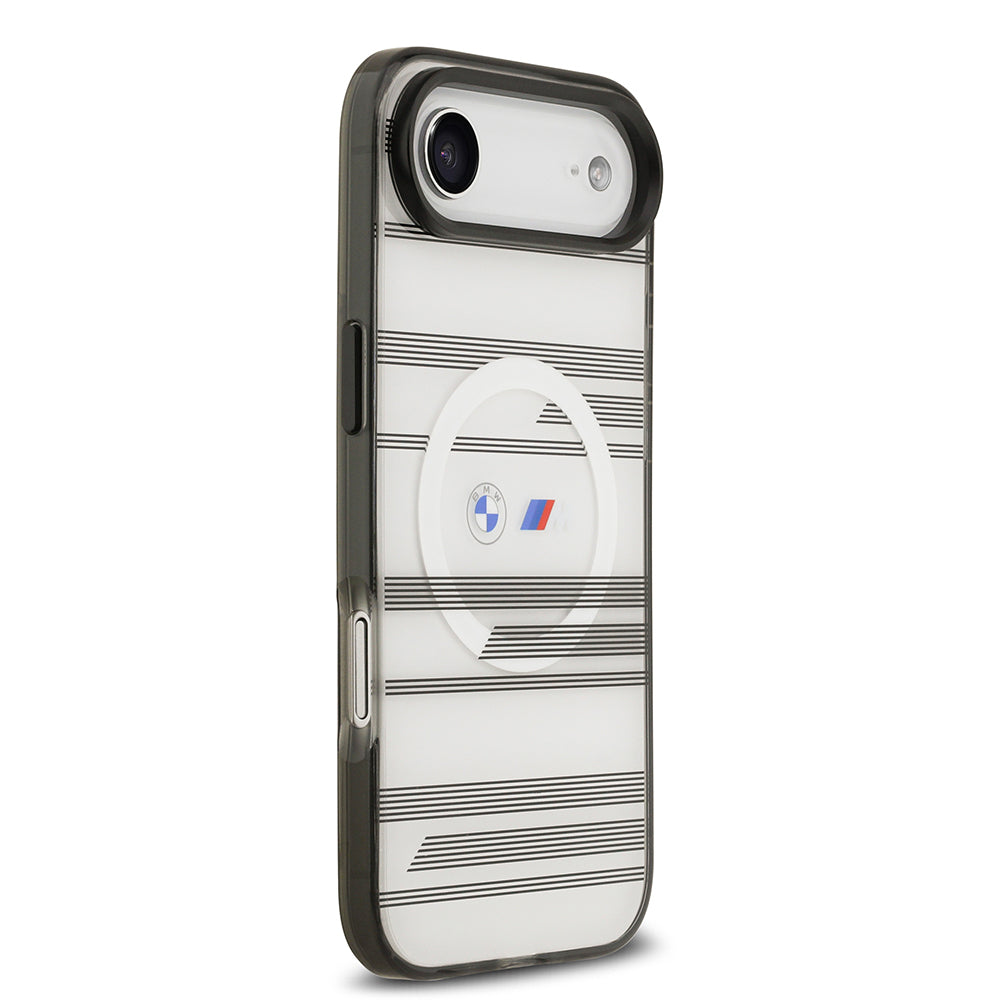 Apple iPhone 17 Air Kılıf BMW Orjinal Lisanslı M-safe Şarj Özellikli Metal Kamera Butonlu Yatay Şeritli M Dizayn Kapak Gümüş