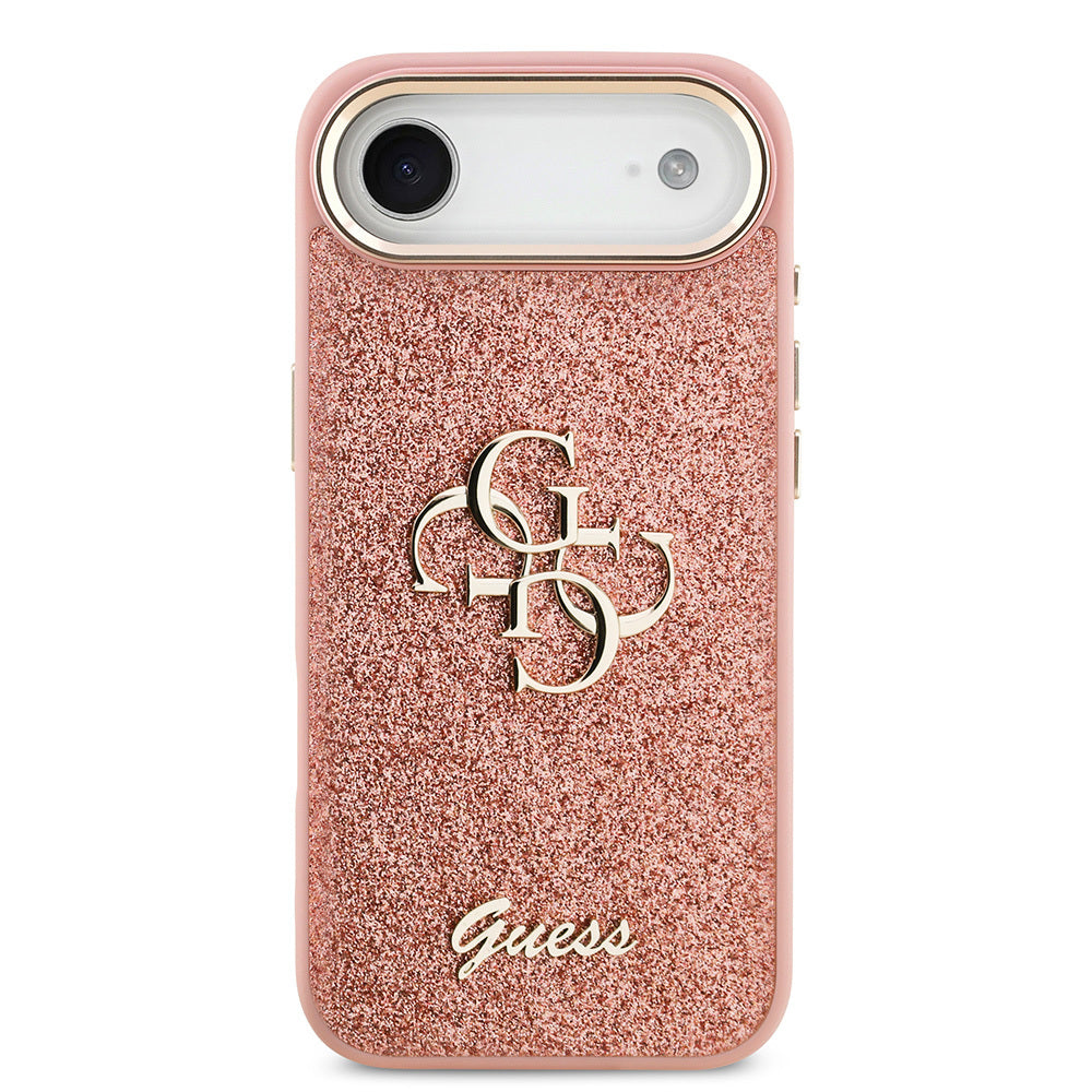 Apple iPhone 17 Air Kılıf Guess Orjinal Lisanslı 4G Büyük Metal Kamera Çerçeveli ve Logolu Glitter Kapak Pembe