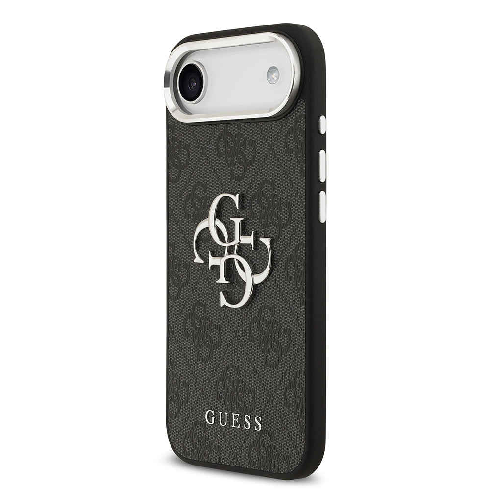 Apple iPhone 17 Air Kılıf Guess Orjinal Lisanslı Gümüş Metal Kamera Çerçeveli 4G Desenli Metal Büyük 4G ve Yazı Logolu Kapak Siyah
