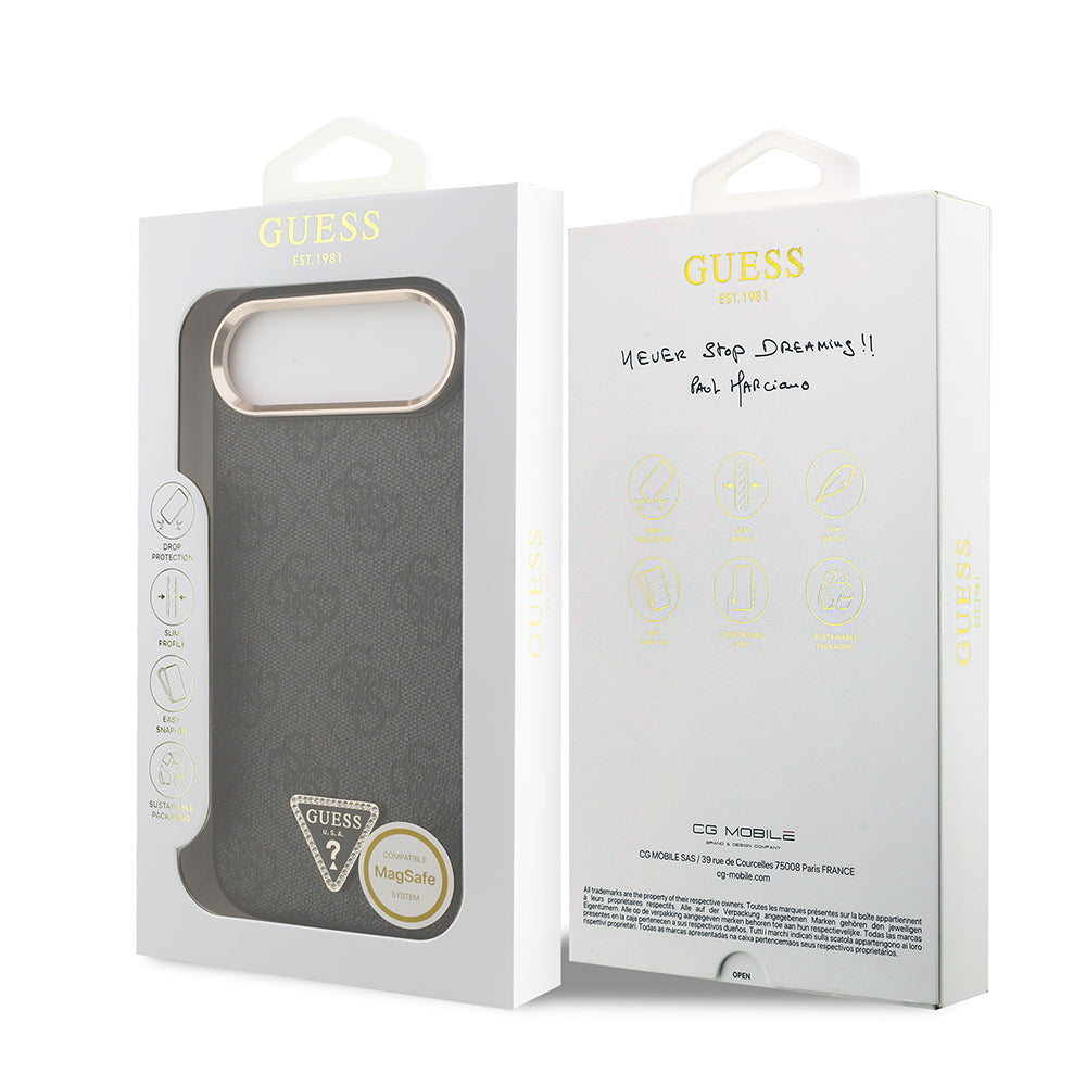 Apple iPhone 17 Air Kılıf Guess Orjinal Lisanslı M-safe Şarj Özellikli Gold Metal Kamera Çerçeveli Taşlı Üçgen Logo 4G Desenli Kapak Pembe