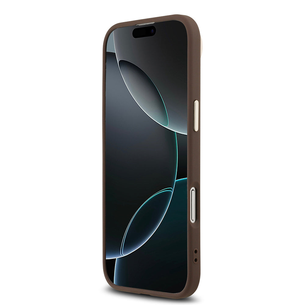 Apple iPhone 17 Air Kılıf Guess Orjinal Lisanslı M-safe Şarj Özellikli Gold Metal Kamera Çerçeveli Taşlı Üçgen Logo 4G Desenli Kapak Pembe