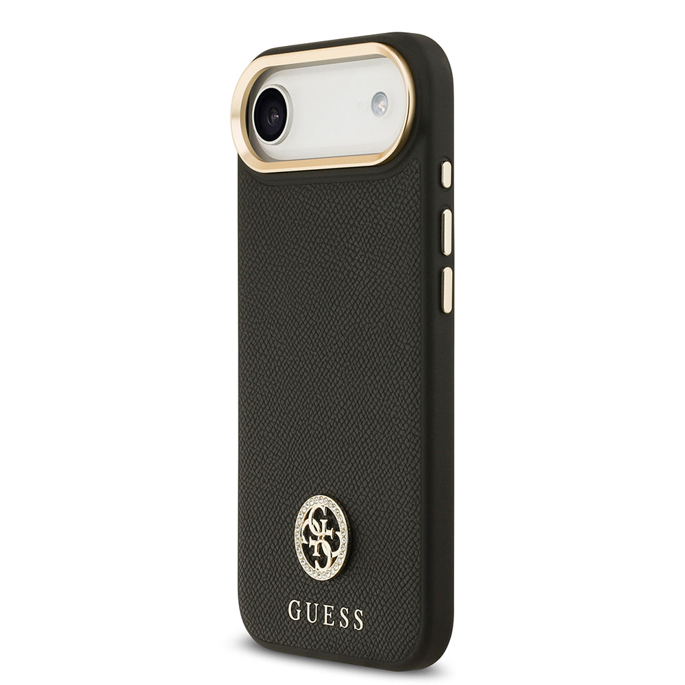 Apple iPhone 17 Air Kılıf Guess Orjinal Lisanslı M-safe Şarj Özellikli Grained Yazı ve Taşlı 4G Logolu Kapak Siyah