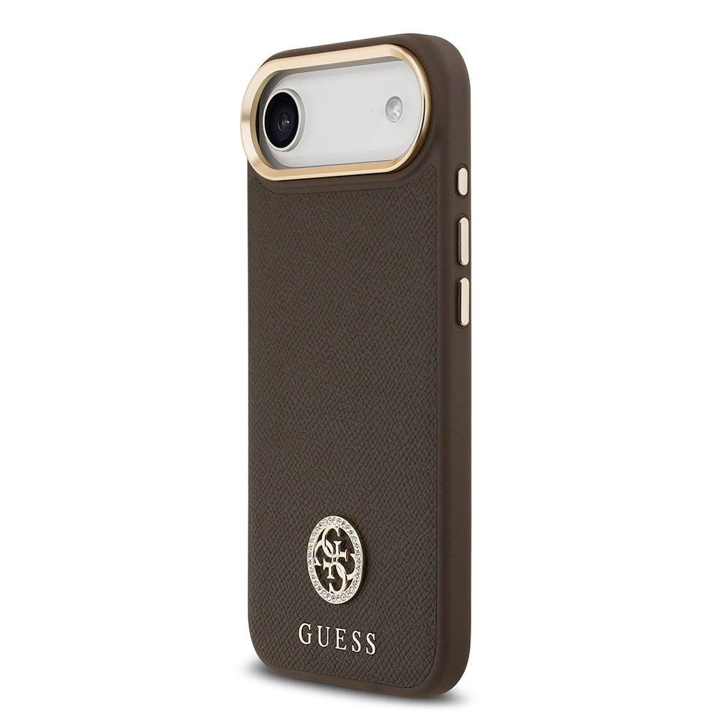 Apple iPhone 17 Air Kılıf Guess Orjinal Lisanslı M-safe Şarj Özellikli Grained Yazı ve Taşlı 4G Logolu Kapak Bej