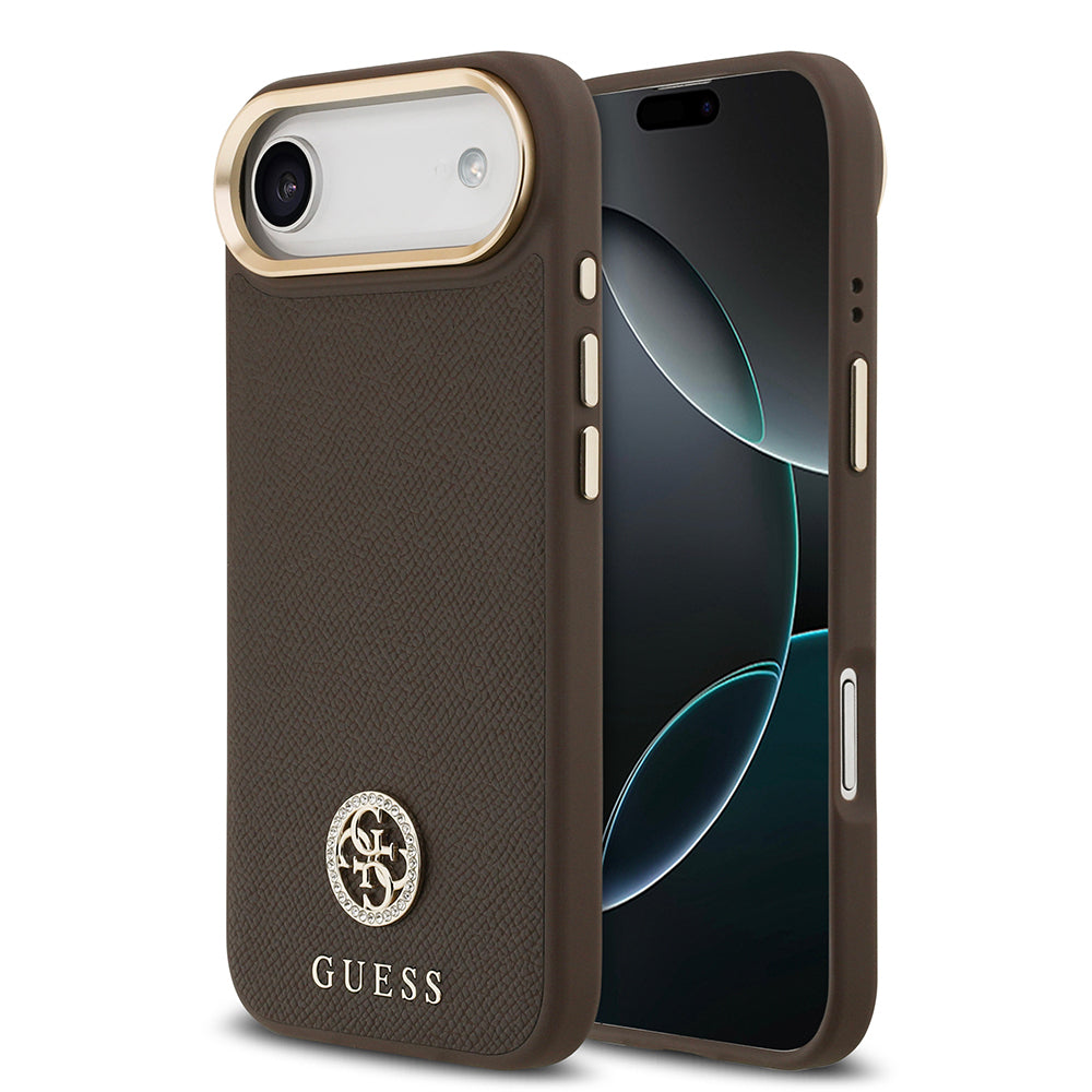 Apple iPhone 17 Air Kılıf Guess Orjinal Lisanslı M-safe Şarj Özellikli Grained Yazı ve Taşlı 4G Logolu Kapak Kahverengi