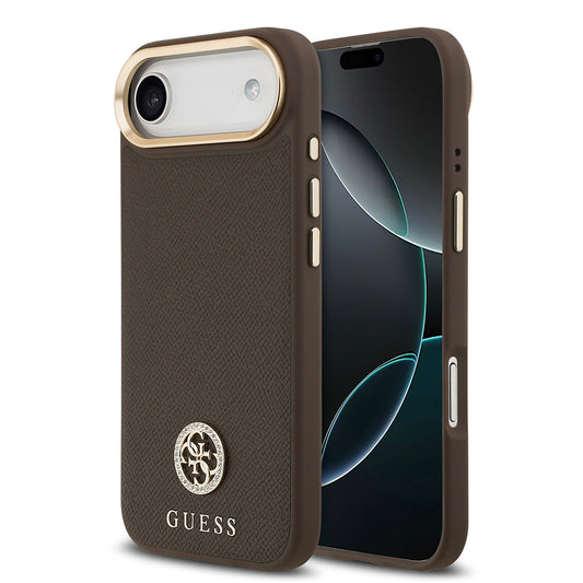 Apple iPhone 17 Air Kılıf Guess Orjinal Lisanslı M-safe Şarj Özellikli Grained Yazı ve Taşlı 4G Logolu Kapak Kahverengi