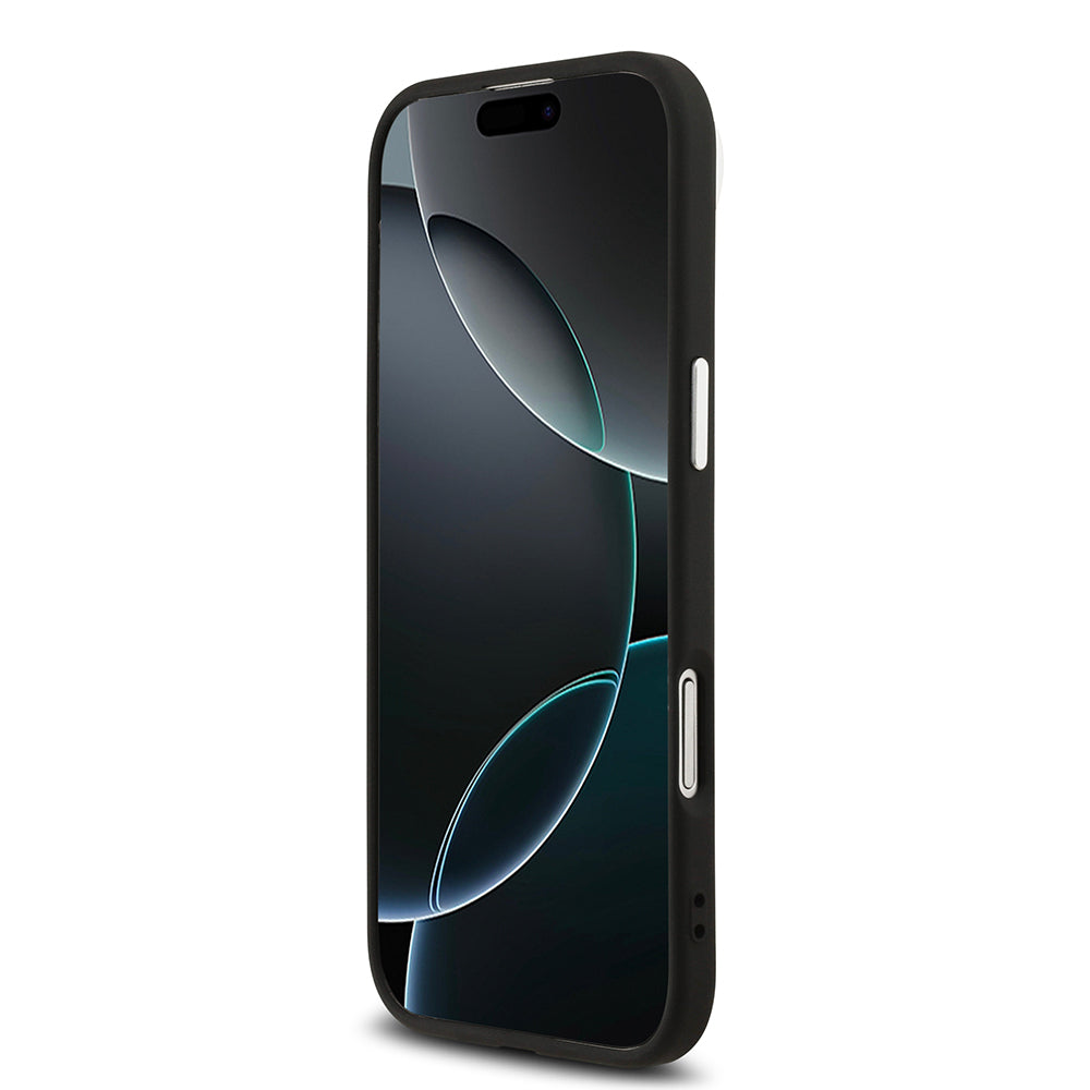 Apple iPhone 17 Air Kılıf Guess Orjinal Lisanslı M-safe Şarj Özellikli Gümüş Metal Kamera Çerçeveli Üçgen Logo 4G Desenli Kapak Siyah