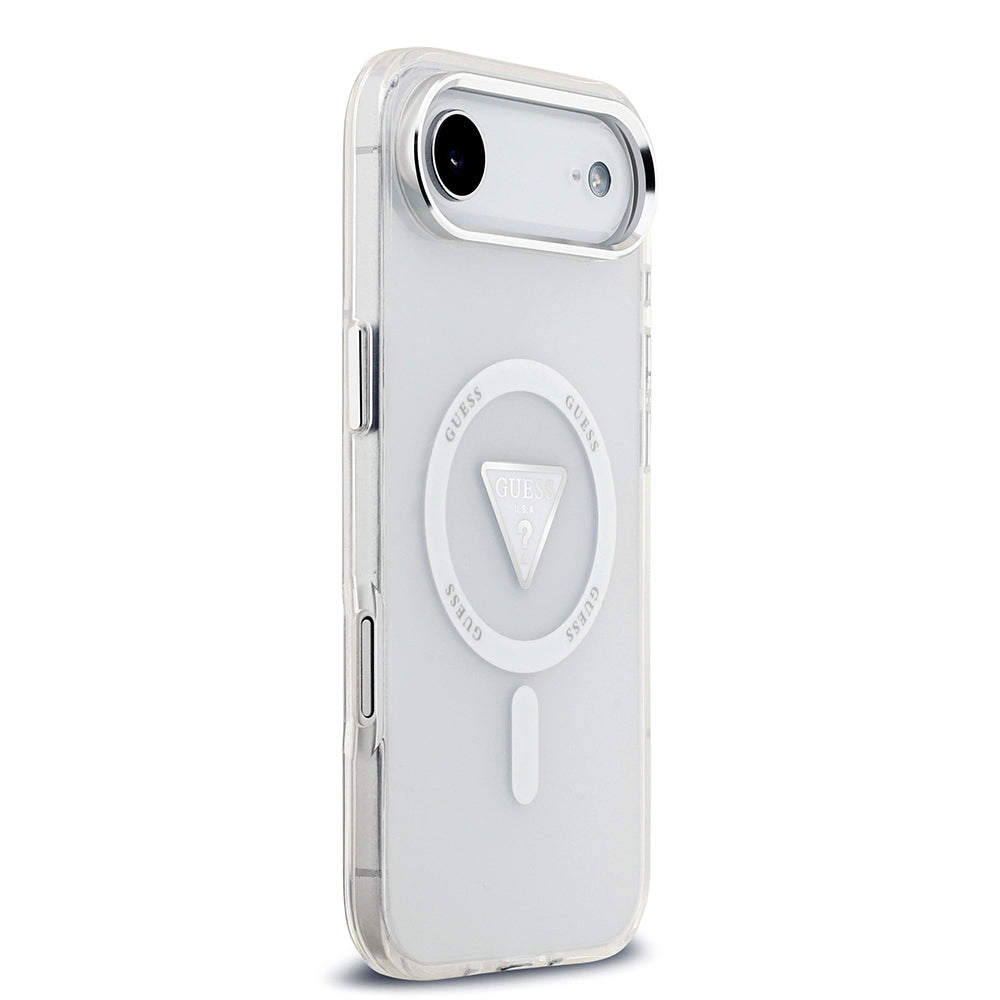 Apple iPhone 17 Air Kılıf Guess Orjinal Lisanslı M-safe Şarj Özellikli IML Baskılı Üçgen Logolu Metal Kamera Çerçeveli Kapak Şeffaf