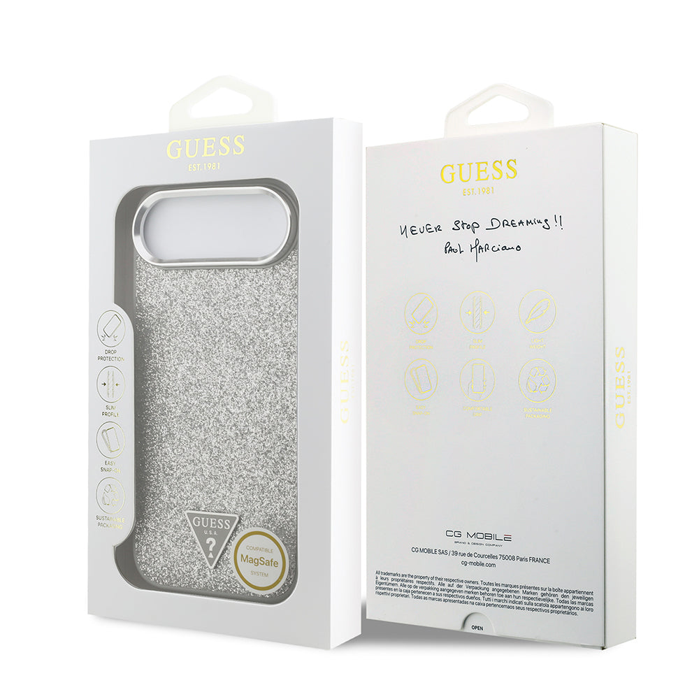Apple iPhone 17 Air Kılıf Guess Orjinal Lisanslı M-safe Şarj Özellikli Metal Kamera Çerçeveli Üçgen Logolu Glitter Kapak Siyah