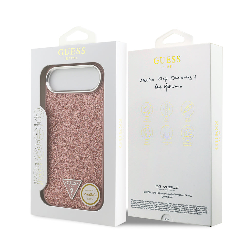 Apple iPhone 17 Air Kılıf Guess Orjinal Lisanslı M-safe Şarj Özellikli Metal Kamera Çerçeveli Üçgen Logolu Glitter Kapak Pembe