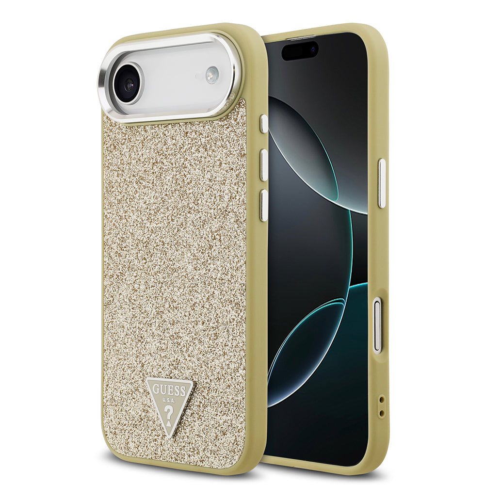 Apple iPhone 17 Air Kılıf Guess Orjinal Lisanslı M-safe Şarj Özellikli Metal Kamera Çerçeveli Üçgen Logolu Glitter Kapak Gold