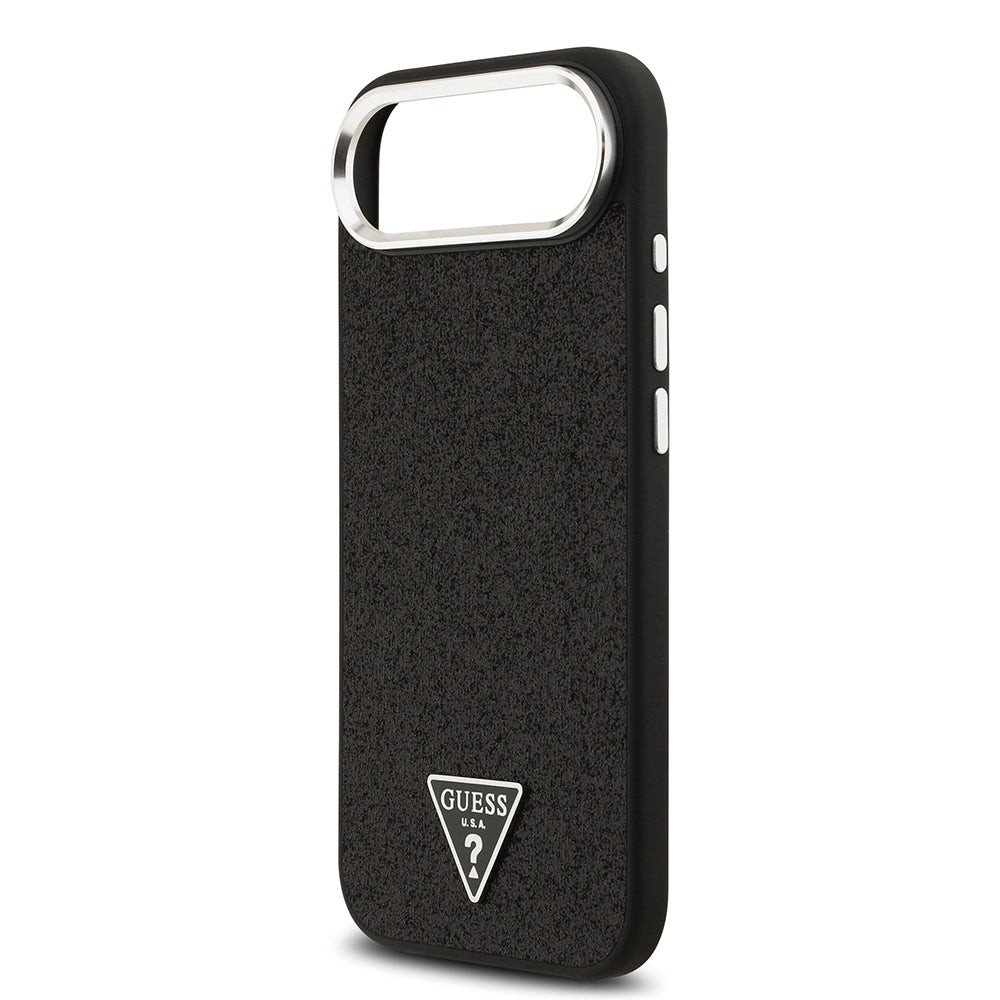 Apple iPhone 17 Air Kılıf Guess Orjinal Lisanslı M-safe Şarj Özellikli Metal Kamera Çerçeveli Üçgen Logolu Glitter Kapak Siyah