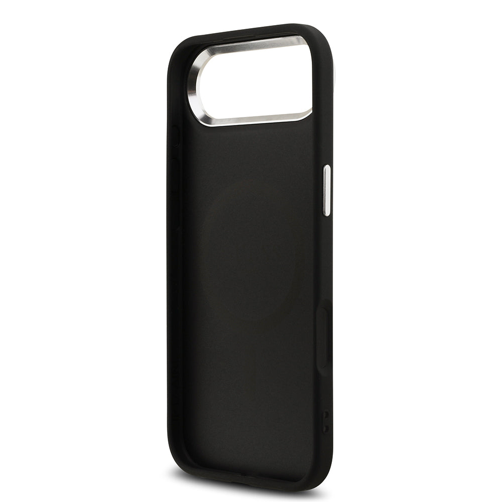 Apple iPhone 17 Air Kılıf Guess Orjinal Lisanslı M-safe Şarj Özellikli Metal Kamera Çerçeveli Üçgen Logolu Glitter Kapak Siyah