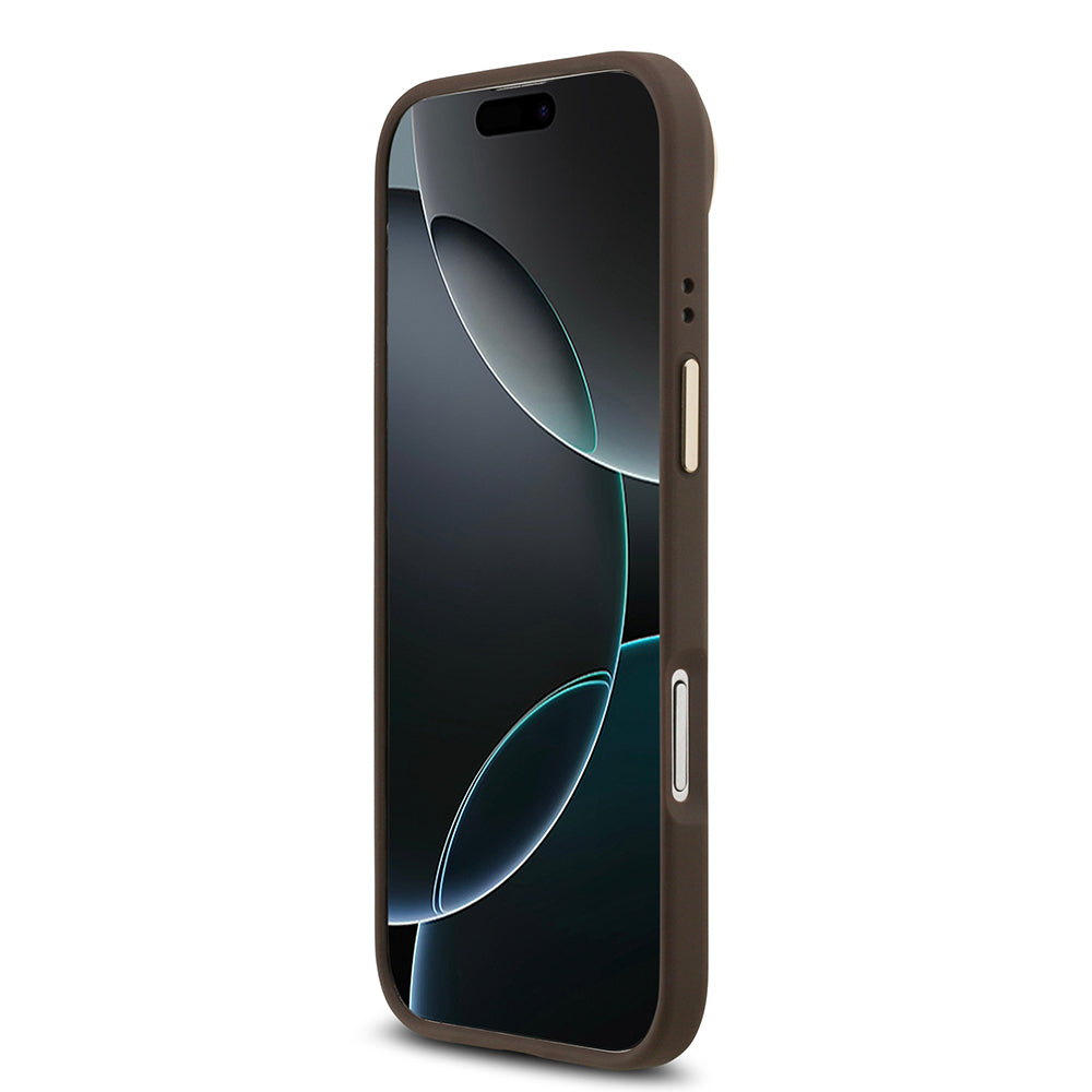 Apple iPhone 17 Air Kılıf Guess Orjinal Lisanslı M-safe Şarj Özellikli Sıcak Baskılı Yazı Logolu PU Deri Peony Kapak Kahverengi