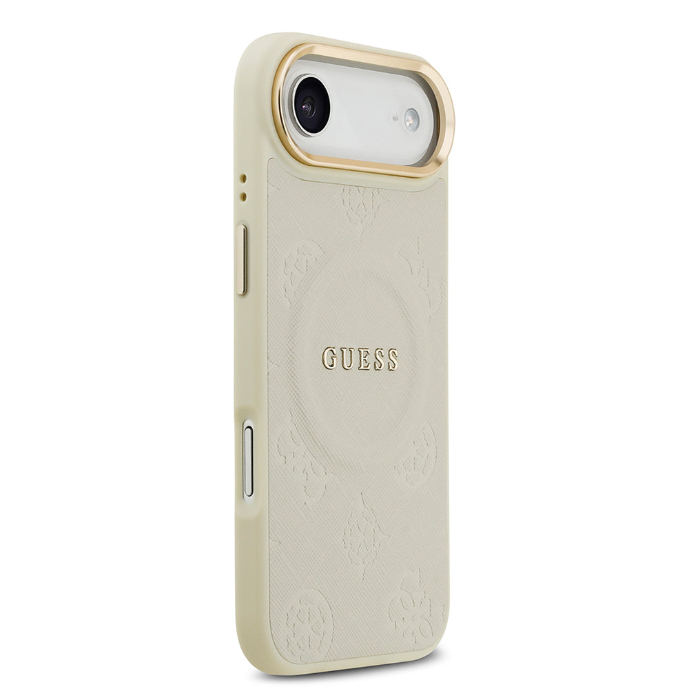 Apple iPhone 17 Air Kılıf Guess Orjinal Lisanslı M-safe Şarj Özellikli Sıcak Baskılı Yazı Logolu PU Deri Peony Kapak Bej