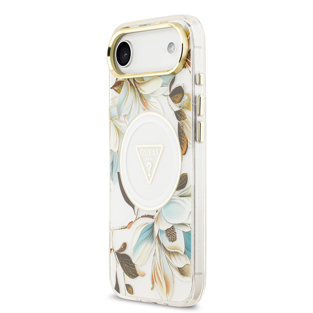 Apple iPhone 17 Air Kılıf Guess Orjinal Lisanslı M-safe Şarj Özellikli Simli Çiçek Desenli Metal Kamera Çerçeveli Üçgen Logolu Kapak Siyah