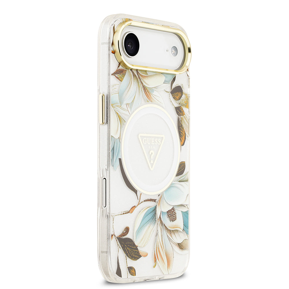 Apple iPhone 17 Air Kılıf Guess Orjinal Lisanslı M-safe Şarj Özellikli Simli Çiçek Desenli Metal Kamera Çerçeveli Üçgen Logolu Kapak Beyaz