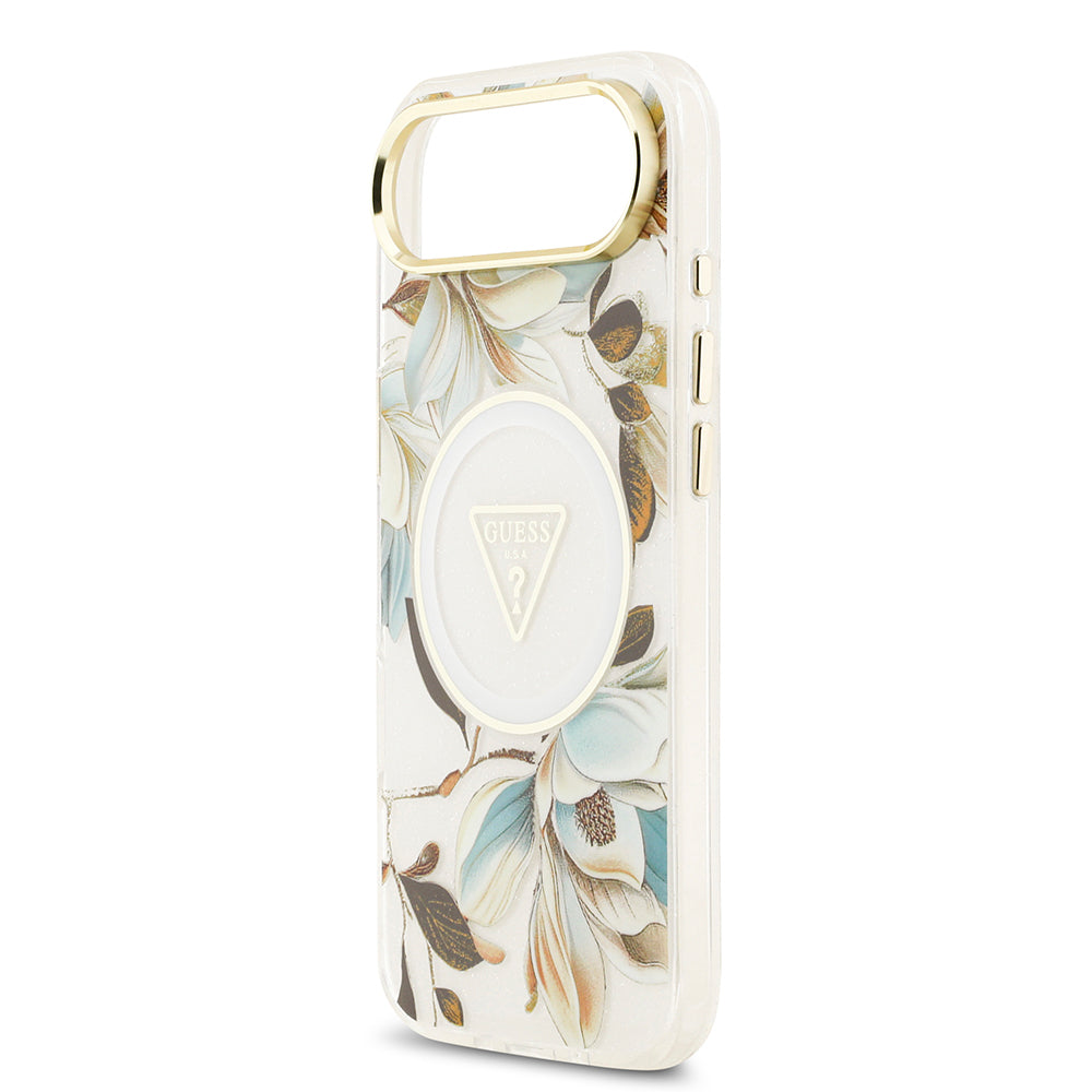 Apple iPhone 17 Air Kılıf Guess Orjinal Lisanslı M-safe Şarj Özellikli Simli Çiçek Desenli Metal Kamera Çerçeveli Üçgen Logolu Kapak Beyaz