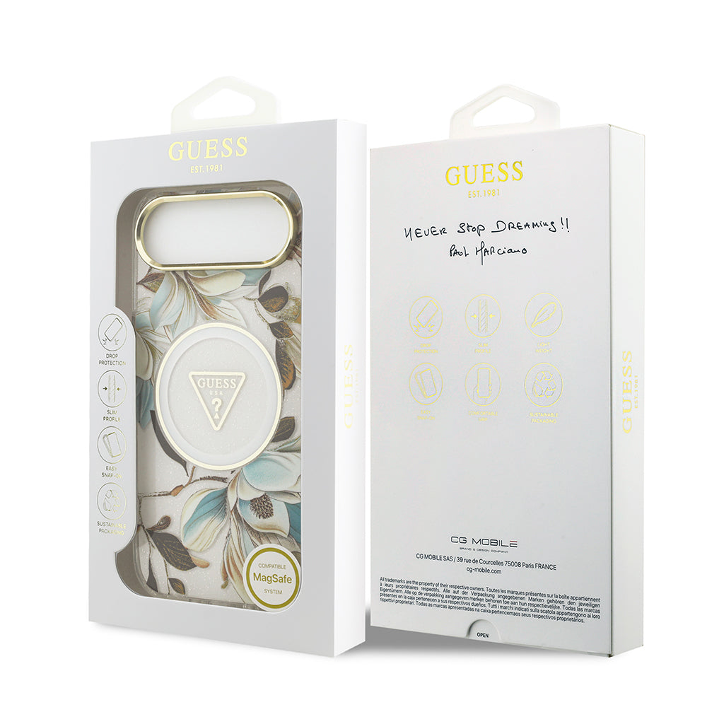 Apple iPhone 17 Air Kılıf Guess Orjinal Lisanslı M-safe Şarj Özellikli Simli Çiçek Desenli Metal Kamera Çerçeveli Üçgen Logolu Kapak Mor