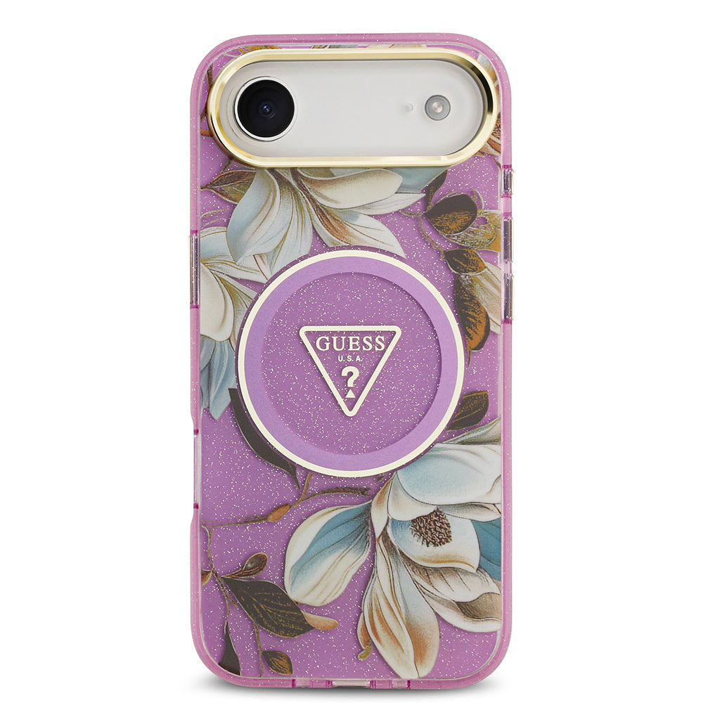 Apple iPhone 17 Air Kılıf Guess Orjinal Lisanslı M-safe Şarj Özellikli Simli Çiçek Desenli Metal Kamera Çerçeveli Üçgen Logolu Kapak Beyaz