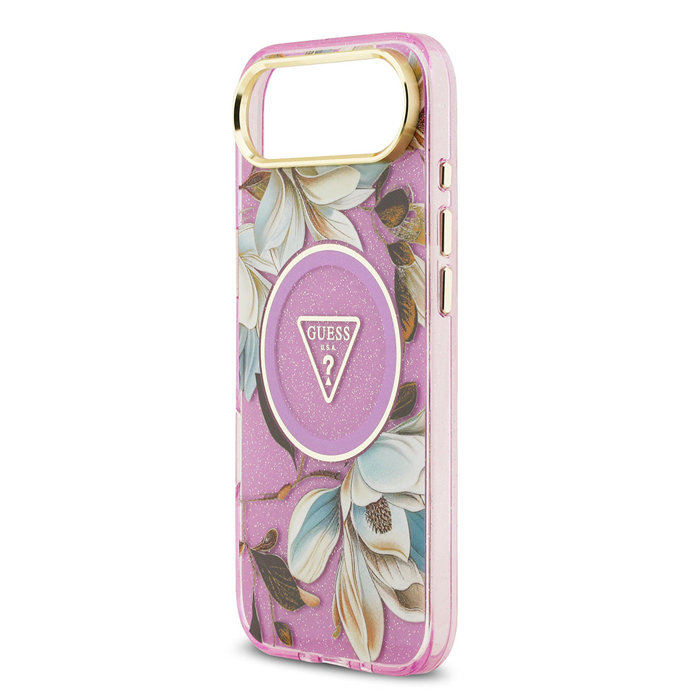 Apple iPhone 17 Air Kılıf Guess Orjinal Lisanslı M-safe Şarj Özellikli Simli Çiçek Desenli Metal Kamera Çerçeveli Üçgen Logolu Kapak Beyaz