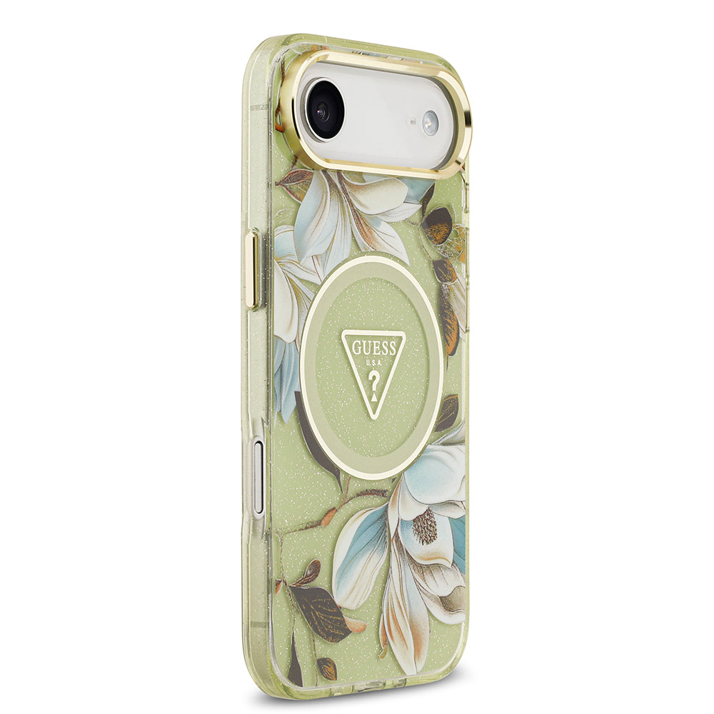 Apple iPhone 17 Air Kılıf Guess Orjinal Lisanslı M-safe Şarj Özellikli Simli Çiçek Desenli Metal Kamera Çerçeveli Üçgen Logolu Kapak Yeşil
