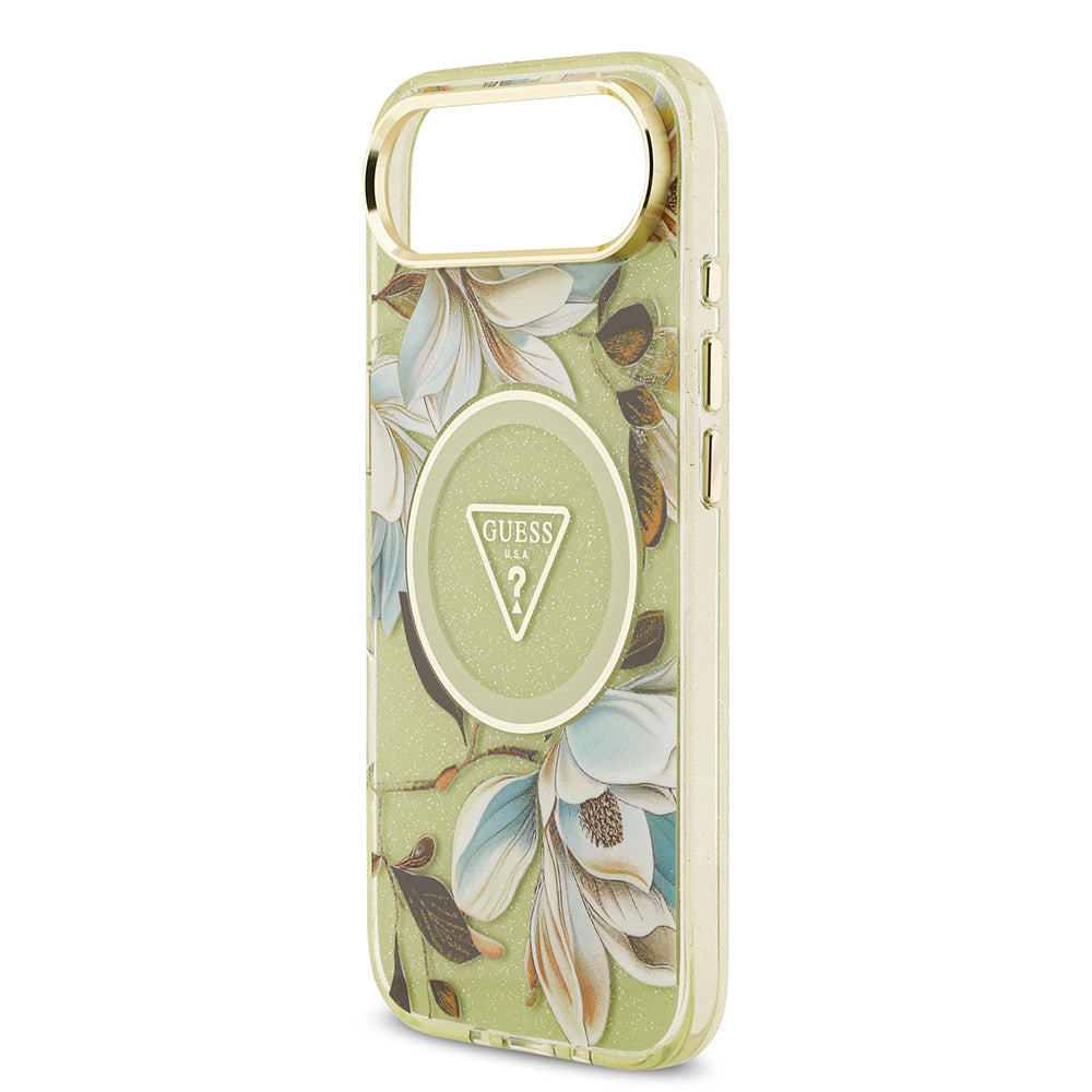 Apple iPhone 17 Air Kılıf Guess Orjinal Lisanslı M-safe Şarj Özellikli Simli Çiçek Desenli Metal Kamera Çerçeveli Üçgen Logolu Kapak Mor