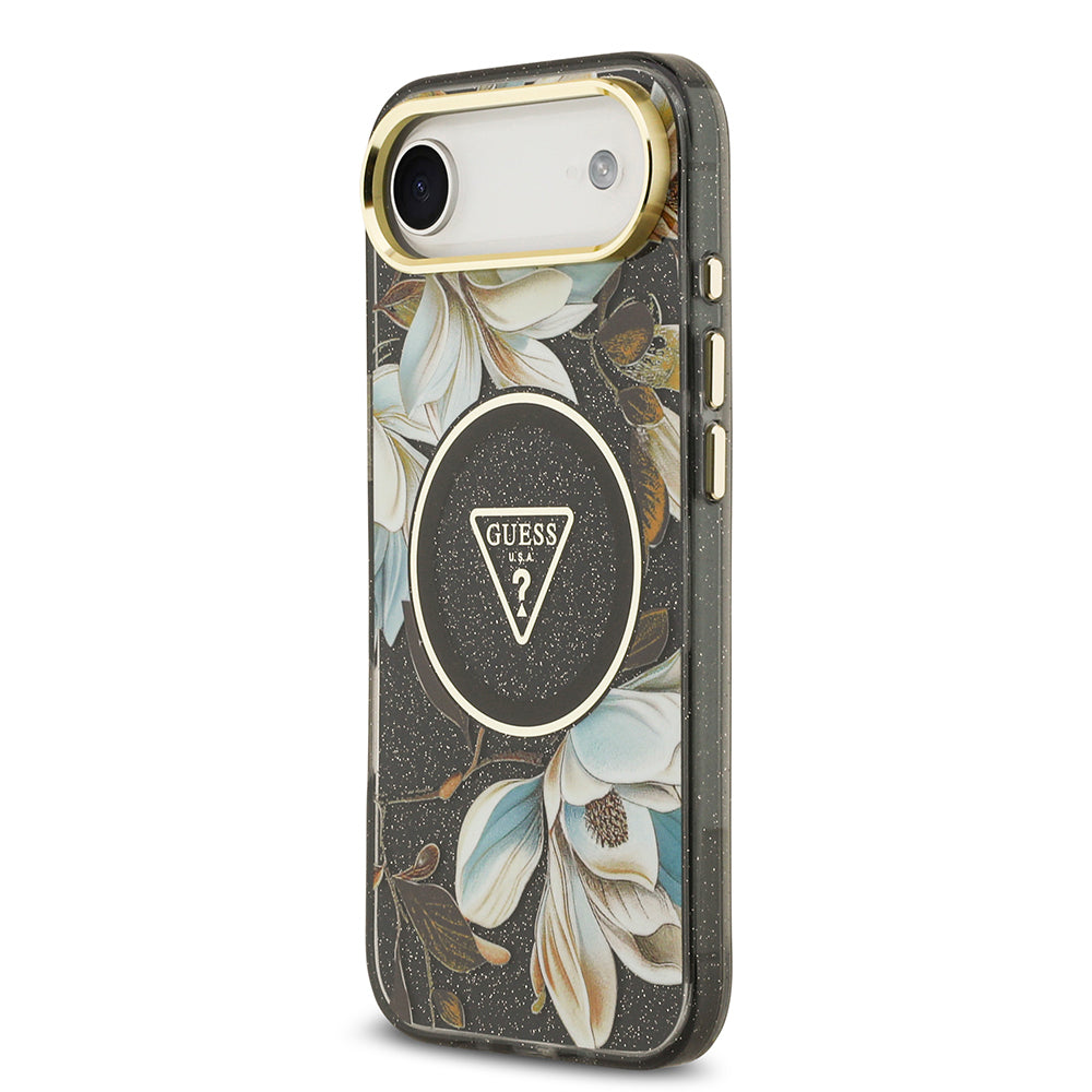 Apple iPhone 17 Air Kılıf Guess Orjinal Lisanslı M-safe Şarj Özellikli Simli Çiçek Desenli Metal Kamera Çerçeveli Üçgen Logolu Kapak Mor