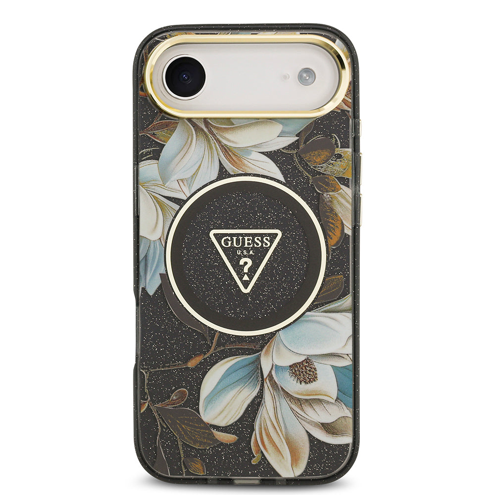 Apple iPhone 17 Air Kılıf Guess Orjinal Lisanslı M-safe Şarj Özellikli Simli Çiçek Desenli Metal Kamera Çerçeveli Üçgen Logolu Kapak Yeşil