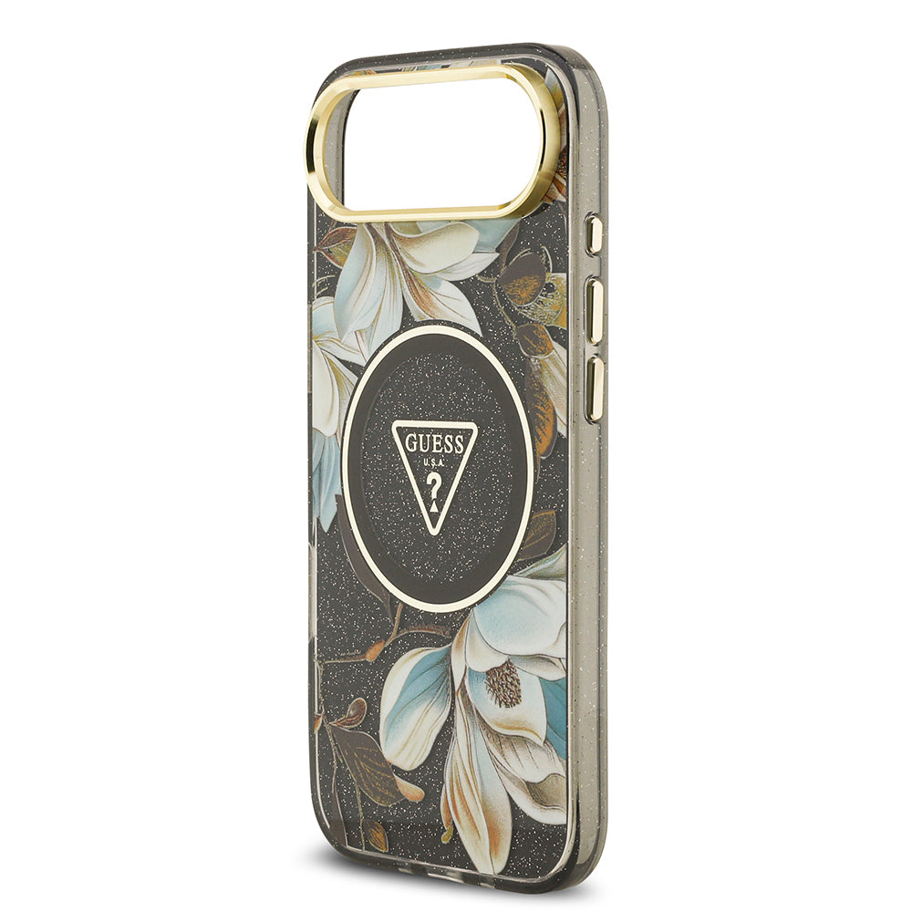 Apple iPhone 17 Air Kılıf Guess Orjinal Lisanslı M-safe Şarj Özellikli Simli Çiçek Desenli Metal Kamera Çerçeveli Üçgen Logolu Kapak Siyah