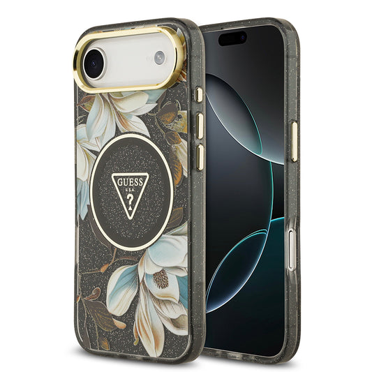 Apple iPhone 17 Air Kılıf Guess Orjinal Lisanslı M-safe Şarj Özellikli Simli Çiçek Desenli Metal Kamera Çerçeveli Üçgen Logolu Kapak Siyah