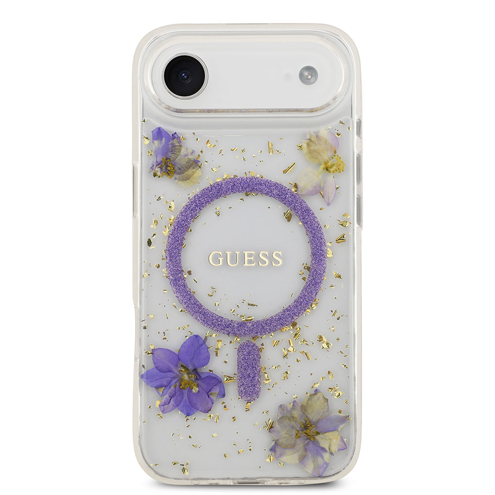 Apple iPhone 17 Air Kılıf Guess Orjinal Lisanslı M-safe Şarj Özellikli Transparan Resin Flowers Kapak Pembe