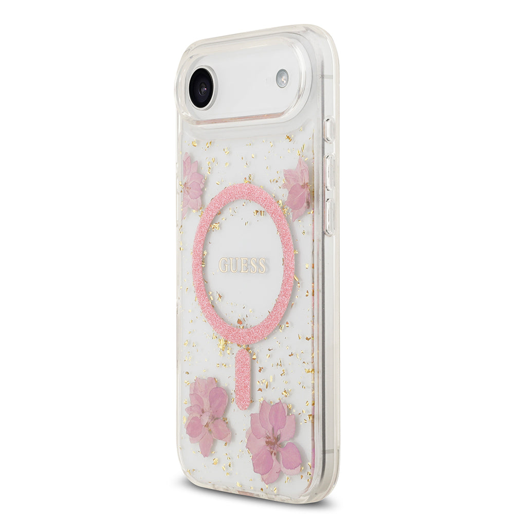 Apple iPhone 17 Air Kılıf Guess Orjinal Lisanslı M-safe Şarj Özellikli Transparan Resin Flowers Kapak Pembe