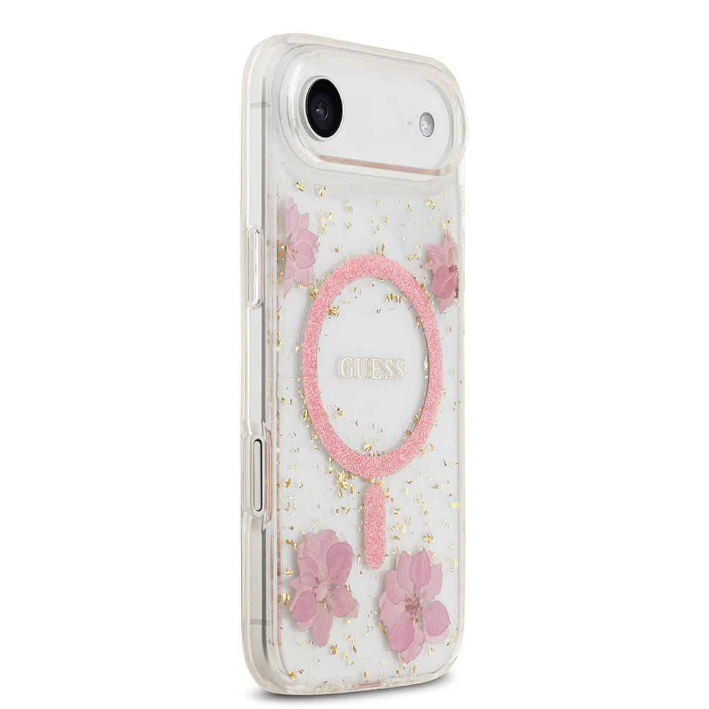 Apple iPhone 17 Air Kılıf Guess Orjinal Lisanslı M-safe Şarj Özellikli Transparan Resin Flowers Kapak Pembe
