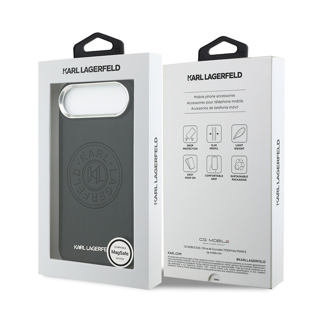 Apple iPhone 17 Air Kılıf Karl Lagerfeld Orjinal Lisanslı M-safe Şarj Özellikli Delikli Tasarım Metal Logolu PU Deri Kapak Siyah