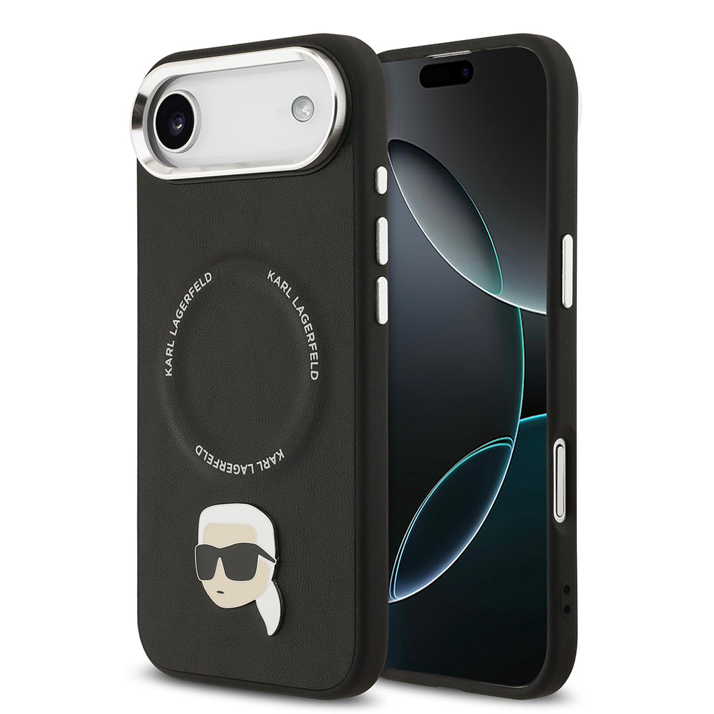 Apple iPhone 17 Air Kılıf Karl Lagerfeld Orjinal Lisanslı M-safe Şarj Özellikli Metal Kamera ve Buton Tasarımlı Karl PU Deri Kapak Siyah