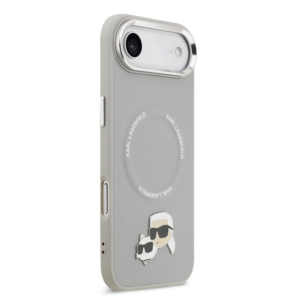 Apple iPhone 17 Air Kılıf Karl Lagerfeld Orjinal Lisanslı M-safe Şarj Özellikli Metal Kamera ve Buton Tasarımlı K&C PU Deri Kapak Gri