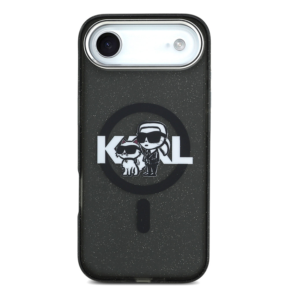 Apple iPhone 17 Air Kılıf Karl Lagerfeld Orjinal Lisanslı Parlayan Simli Karl & Choupette Sketch Logo Kapak Siyah