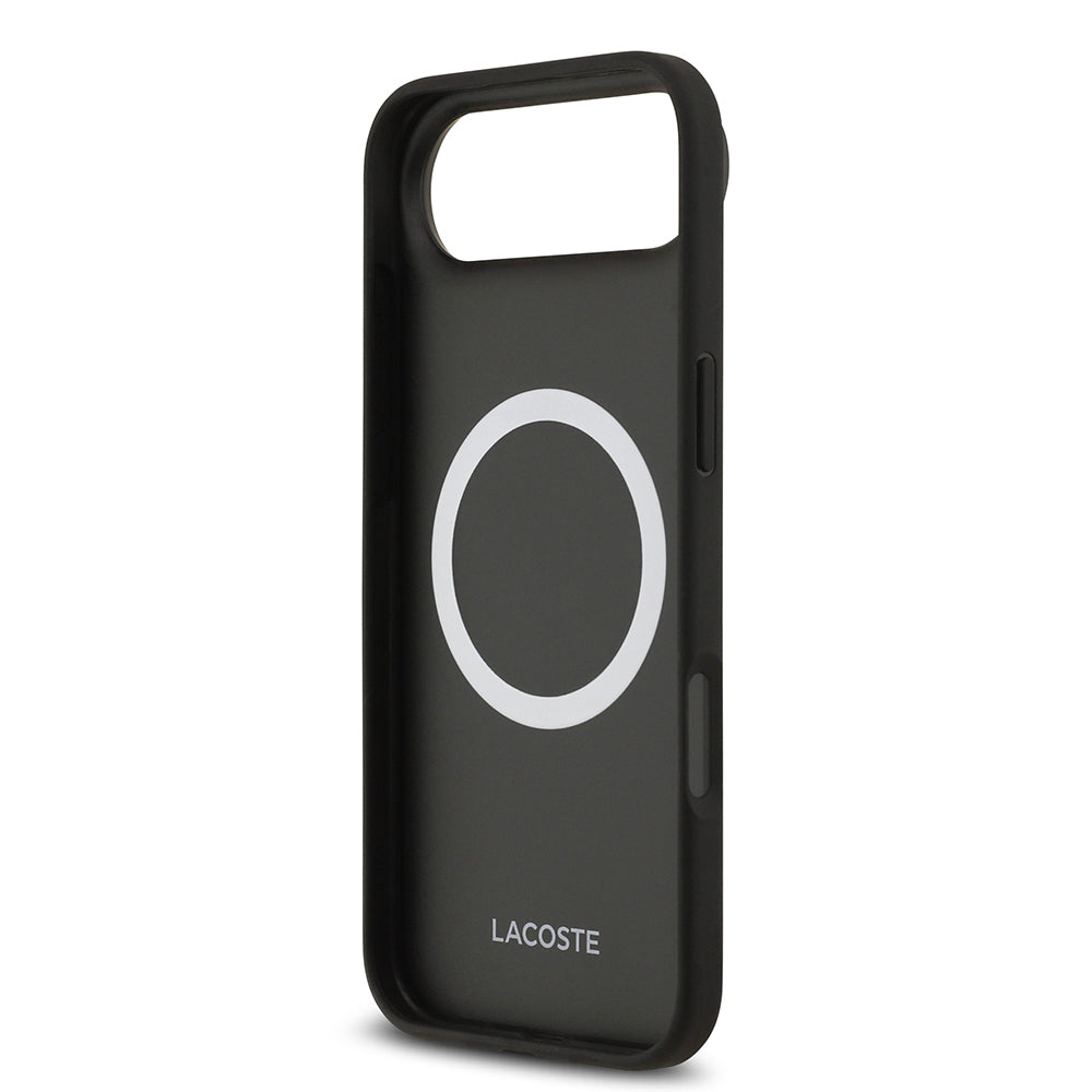 Apple iPhone 17 Air Kılıf Lacoste Orjinal Lisanslı M-safe Şarj Özellikli PU Deri Tasarımlı Kartlıklı Karışık Monogram Desenli Kapak Siyah