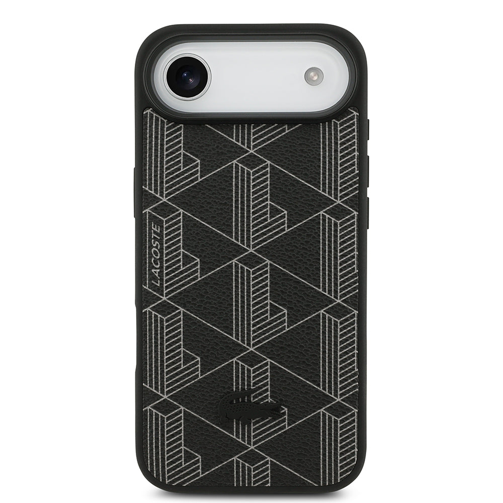 Apple iPhone 17 Air Kılıf Lacoste Orjinal Lisanslı M-safe Şarj Özellikli PU Deri Tasarımlı Kartlıklı Karışık Monogram Desenli Kapak Siyah