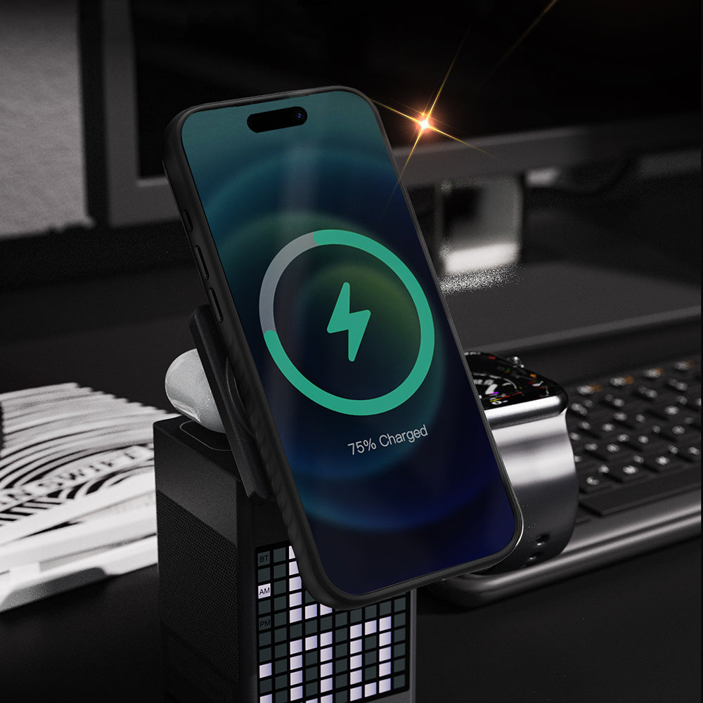 Apple iPhone 17 Air Kılıf M-safe Şarj Özellikli Metal Standlı Lenyes CK225 Kevlar Kapak Siyah