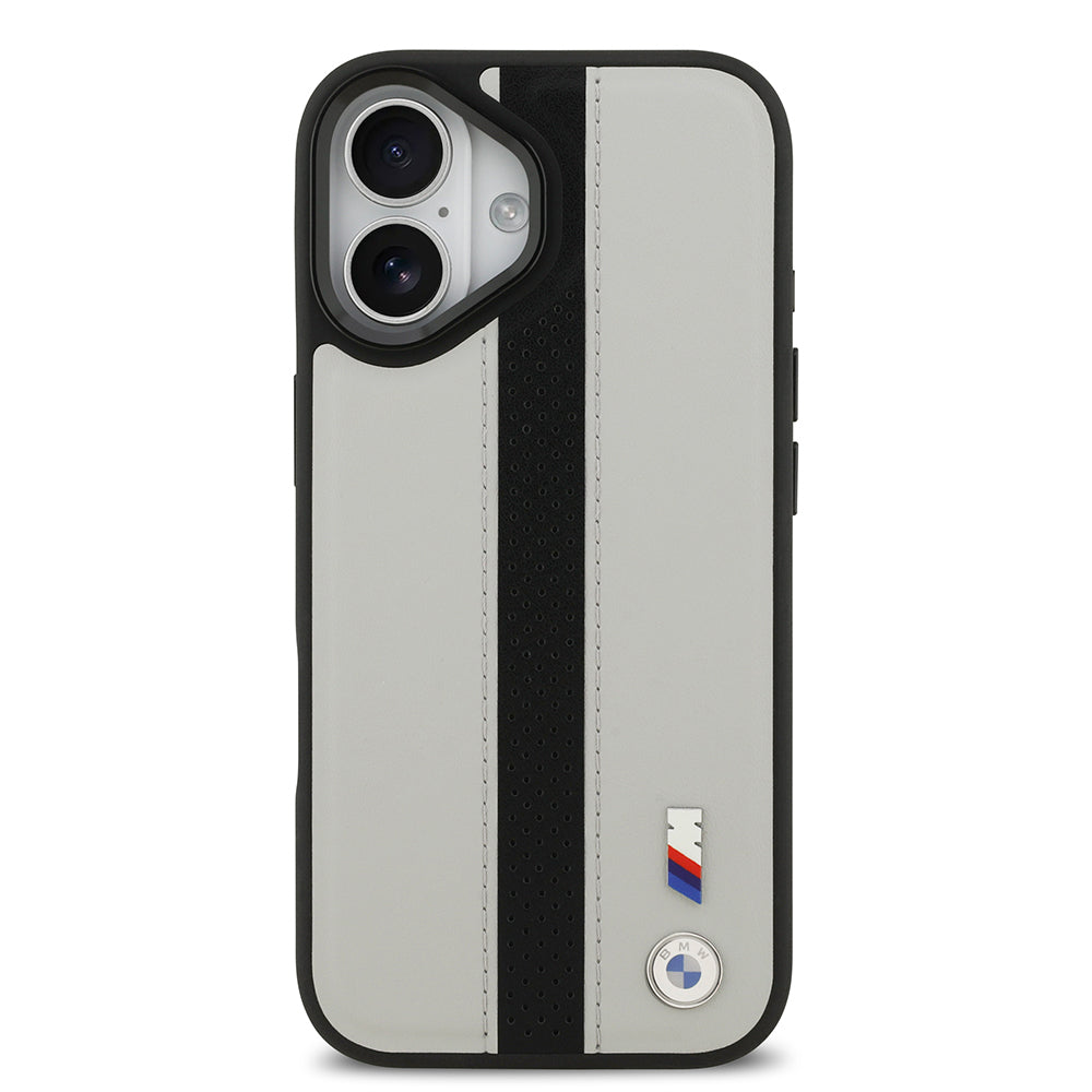 Apple iPhone 17 Kılıf BMW Orjinal Lisanslı M-safe Şarj Özellikli Deri Arka Yüzey Metal Logolu Delikli Şerit Tasarımlı Kapak Lacivert