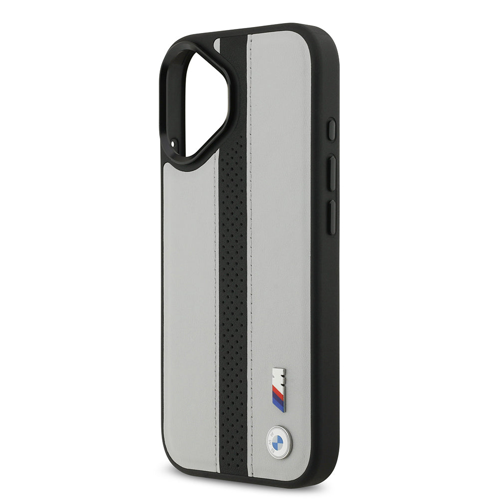 Apple iPhone 17 Kılıf BMW Orjinal Lisanslı M-safe Şarj Özellikli Deri Arka Yüzey Metal Logolu Delikli Şerit Tasarımlı Kapak Mavi
