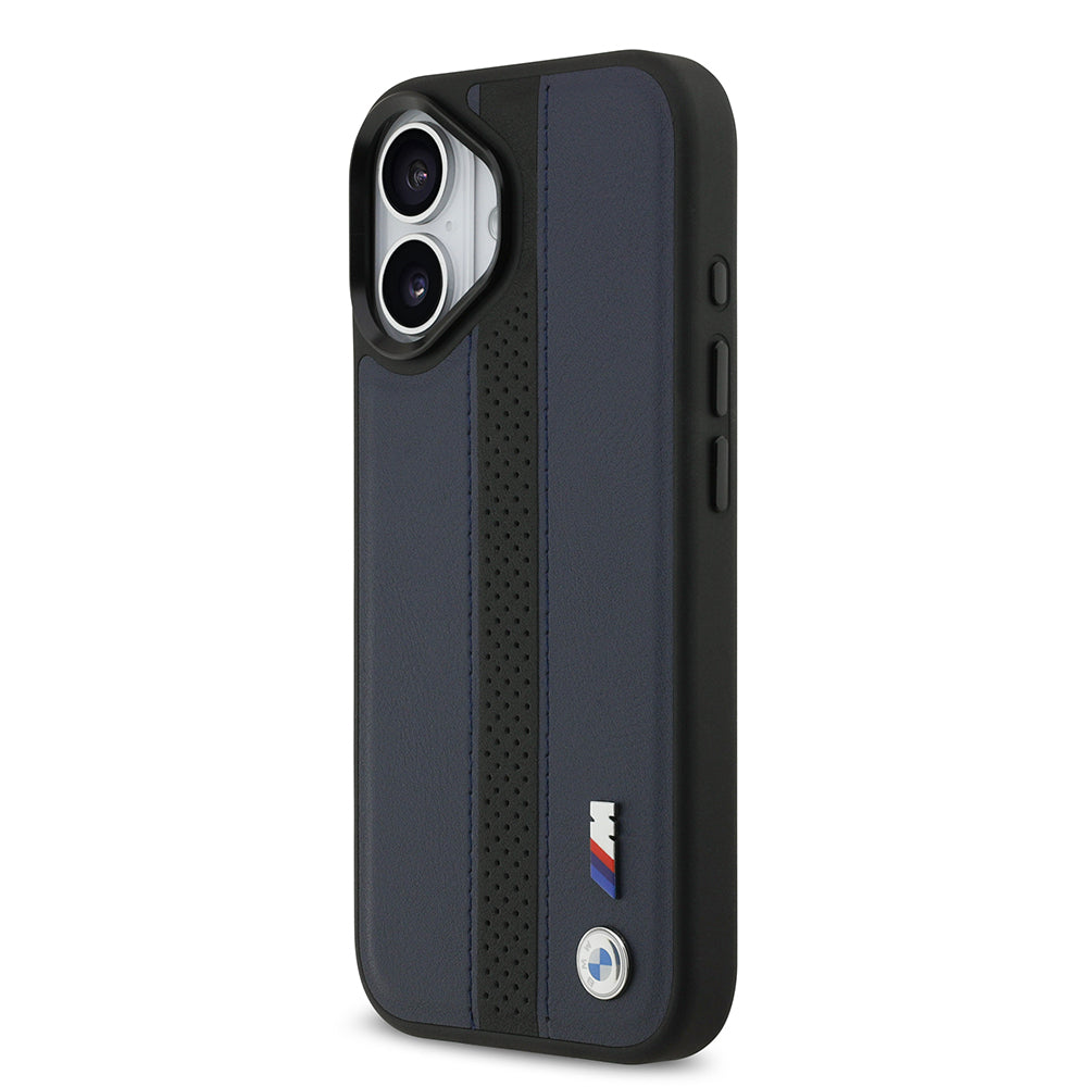 Apple iPhone 17 Kılıf BMW Orjinal Lisanslı M-safe Şarj Özellikli Deri Arka Yüzey Metal Logolu Delikli Şerit Tasarımlı Kapak Mavi